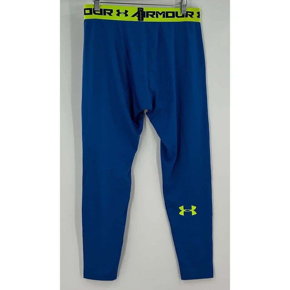 Under Armour Mens HeatGear Compression Leggings Blue Neon Yellow Graphic Medium